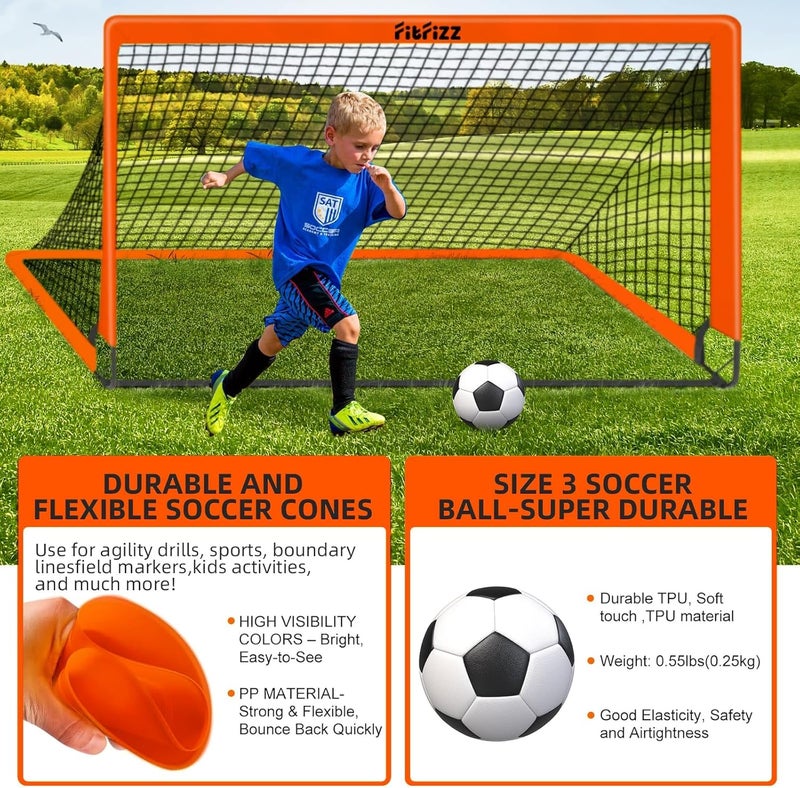 FITFIZZ هدف كرة القدم، أهداف كرة القدم للفناء الخلفي، شبكة كرة قدم قابلة للطي بحجم 6x4 قدم، معدات تدريب كرة القدم مع كرة القدم، سلم وأقماع - Image 4